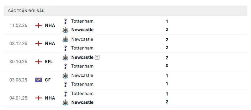 lich su doi dau giua tottenham vs newcastle
